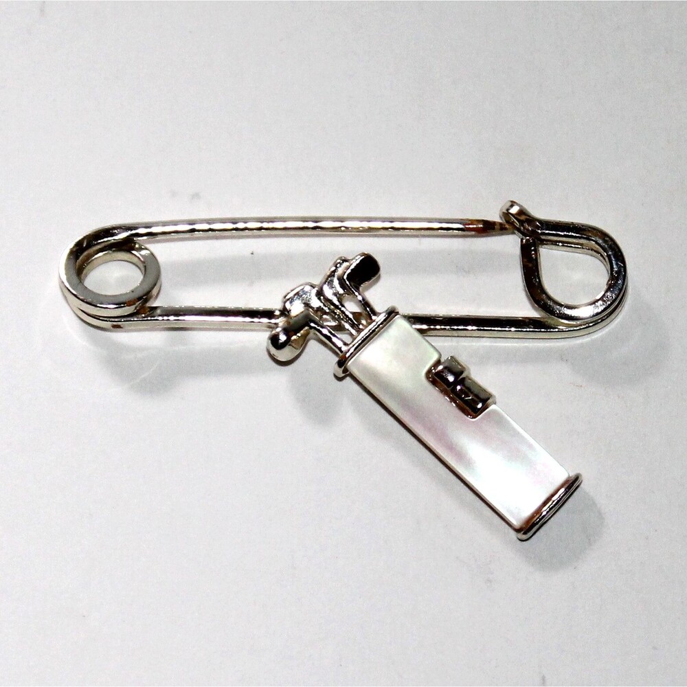 Brooch Bag Golf Clubs costume jewelry gold tone metal mother of pearl safety pin